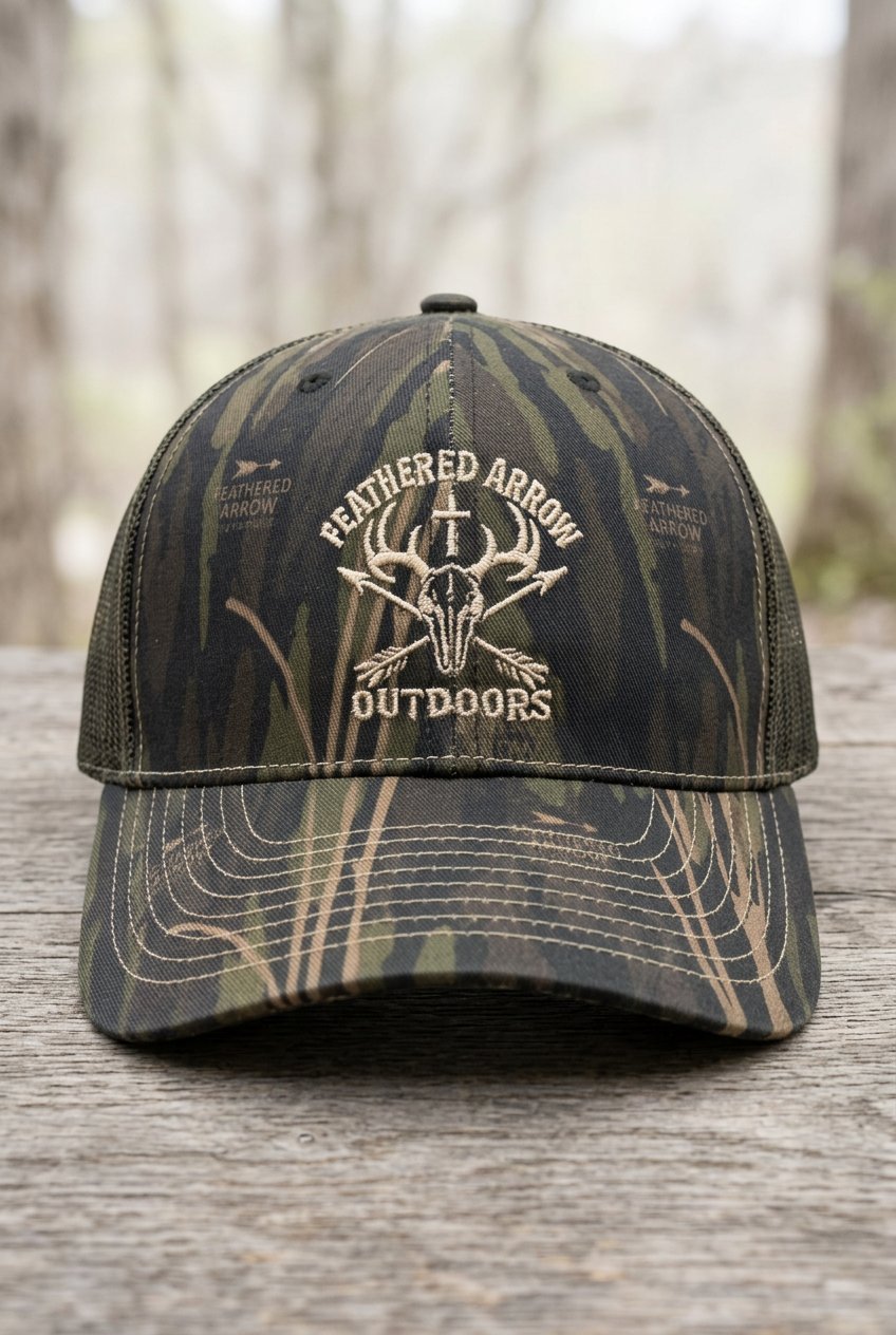 FAO camouflage snapback trucker cap with embroidered elk skull, cross and arrows