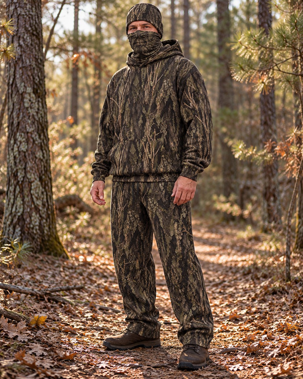 Timber Reaper matching camouflage outfit shown in pine woods